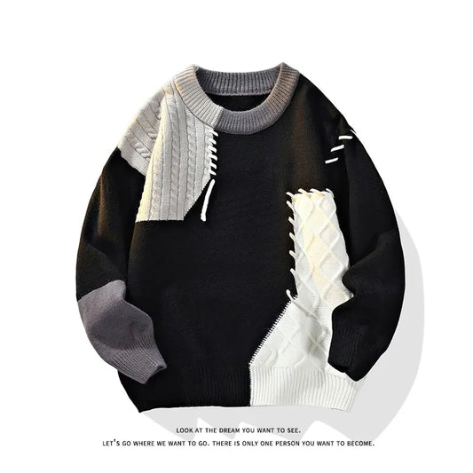 2025 Fall Winter Warm Men Sweaters Korean Style Patchwork Pullovers Round Neck Knitted Sweater Men Women Fashion Knitwear