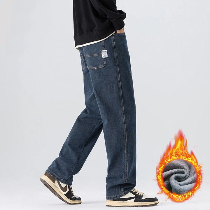 Hochwertige, warme Winter-Fleece-Thermo-Jeans für Herren, locker geschnitten, gerader Schnitt, Baumwolle, lässige Businesshose mit weitem Bein, Übergröße 40-42