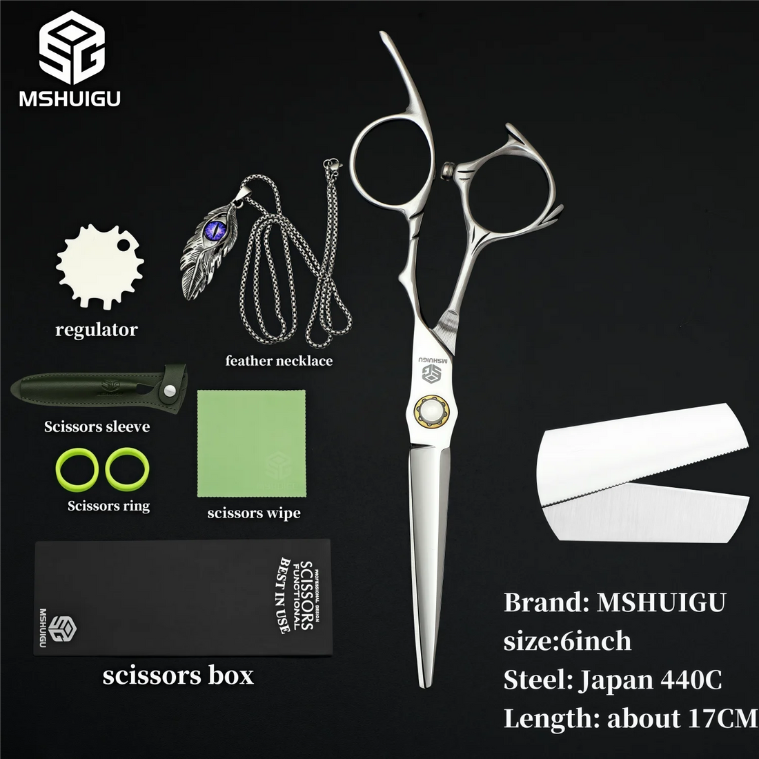 MSHUIGU 440C Professional Barber Scissors 6-7 Inch Laser Wire Serrated Blade Multi-Functional Thinning Hair Shears for Salon Too
