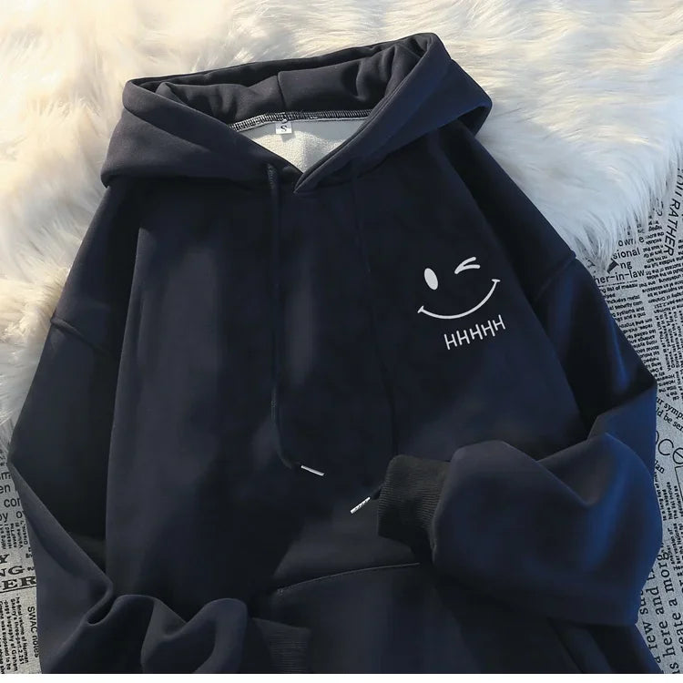 Men's Smiling Face Funny Fashion Couple Hooded Sweater American Heavyweight Loose Thickened Cashmere Boys' Hoodie Pullover Top