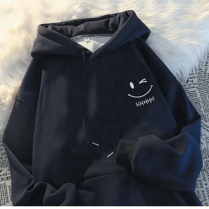 Men's Smiling Face Funny Fashion Couple Hooded Sweater American Heavyweight Loose Thickened Cashmere Boys' Hoodie Pullover Top