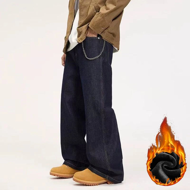 Amerikanischer Stil, Baggy Straight Leg Jeans, dick gefüttert, warm, Herren, neue Herbst-Winter-Kollektion, lange Hose in Dunkelblau, weites Bein, lange Hose