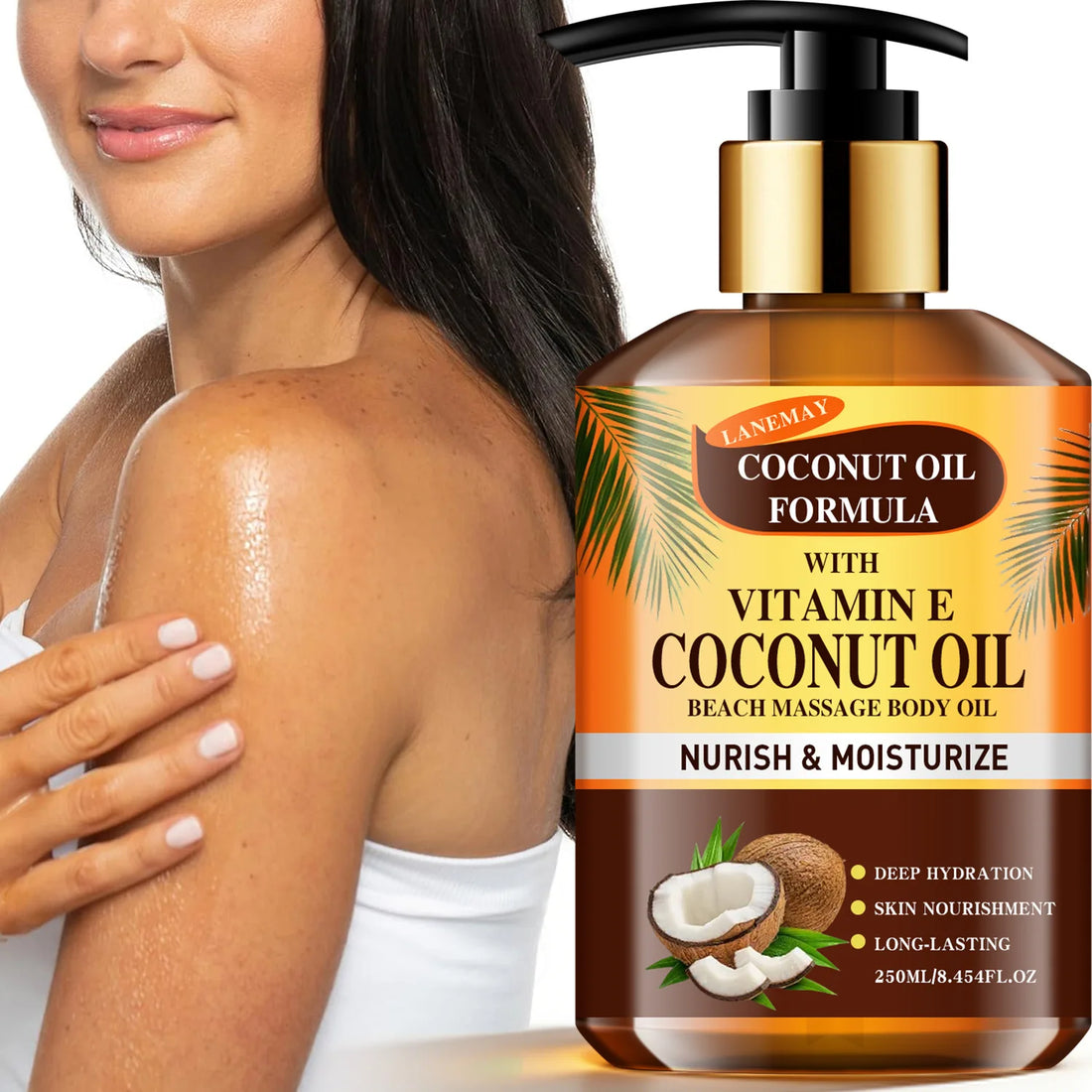 Coconut Oil Body Oil with Vitamin E – 250ml. A Nourishing Formula for Deep Hydration and Skin Replenishment. Enriched with Natur