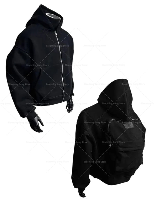 Y2k trendy three-dimensional backpack hoodie men's clothing high street streetwear tops loose casual sportswear harajuku jacket