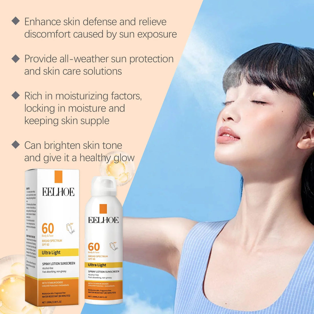 EELHOE Sun Protection Face Spray, Hydrating Moisturizer with UV Filter Lightweight Daily SPF60 Mist for Sensitive Skin Oil-Free Halalzen
