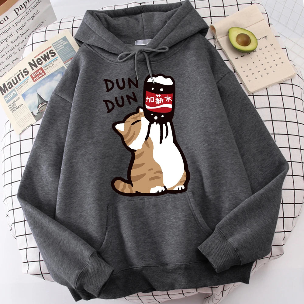 Cartoon Cat Drink Salary Increase Beverages Mens Hooded Jacket Casual Cartoon Hoodies Pleasure Sweatshirts Home Harajuku Tops