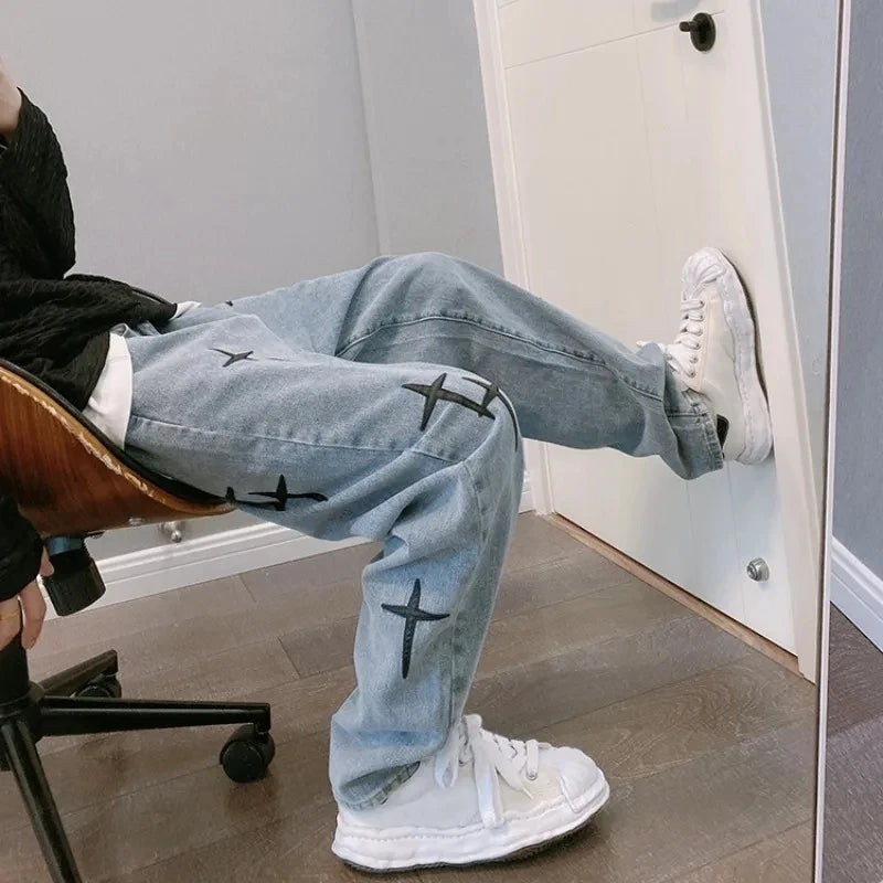 New Baggy Men's Jeans Embroidery Fashion Loose Denim Pants Streetwear Hip Hop Straight Wide Leg Trousers Casual Men Clothing