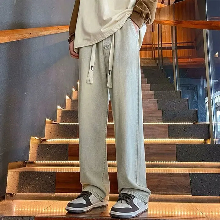 Men Fashion Korean Version Student Casual Jeans Men High Street Straight Leg Pants elastic waistband Vintage Wide Leg Trousers