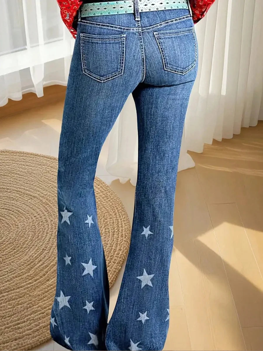 【HME】Women's high-waisted jeans, blue striped women's printed flared pants, buttoned star-printed jeans, fitted flared jeans