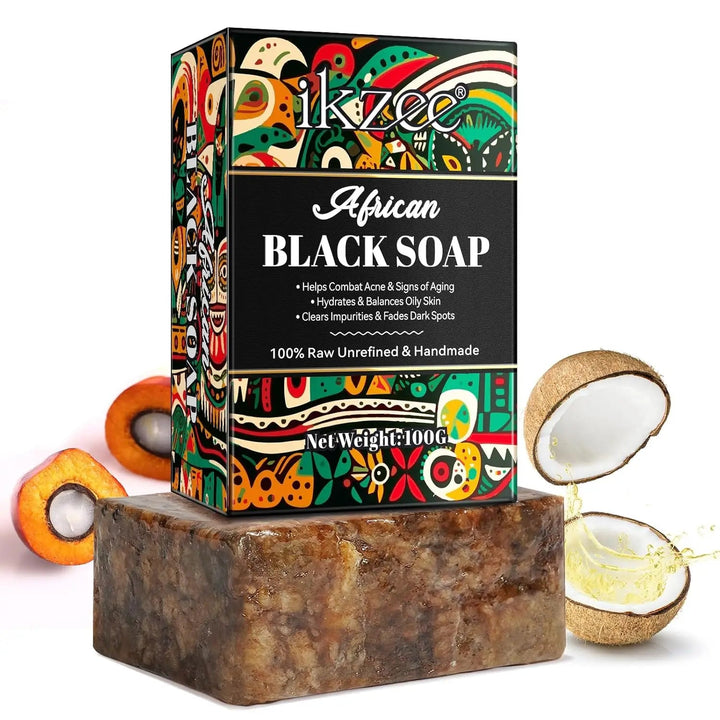 Organic African Black Soap, African Soap for Acne & Dark Spots, Raw Black Soap Bar for All Skin Types  Face, Body, Hair, 3.53 oz Halalzen