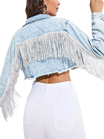Women s Denim Jacket with Long Sleeves Turn-down Collar Button Closure and Tassel Detailing - Stylish Short Outwear for a