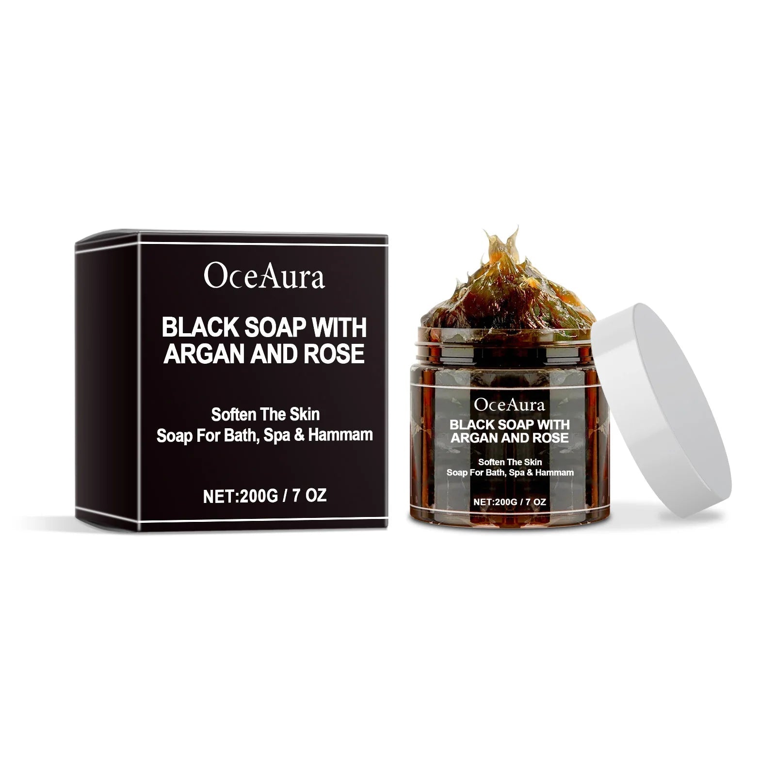 OCEAURA Black Soap With Argan And Rose lack Beldi Soap Ideal For Dead Skin Remover Body Scrub Purifying Deep Cleansing 200g/7 Oz Halalzen