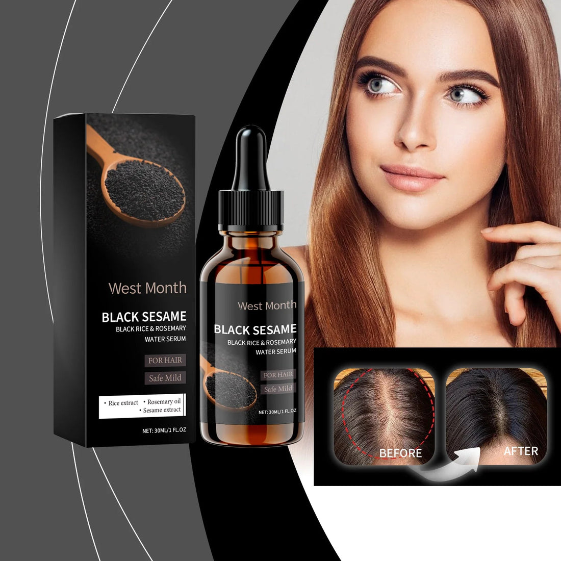 Black Sesame Hair Nourishing Serum - Repairs Dry, Frizzy & Split Ends, Leaves Hair Super Smooth, Shiny and Easy to Manage Halalzen