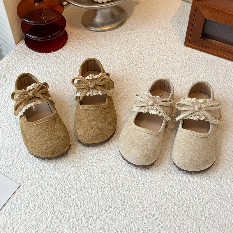 Girls Leather Shoes 1-16 Years Old Khaki Lace Lace Bow Girls Bir Princess Shoes Four Seasons Lightweight Children's ken Shoes