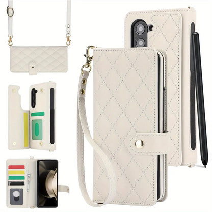 PU Leather Flip Wallet Case For Samsung Galaxy Z Fold 6 5 4 3 5G With Holder Crossbody Wrist Strap Card Slot Stand Phone Cover