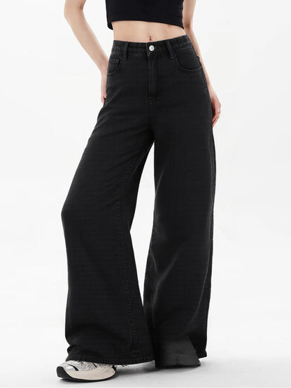 Women's Loose-Fit Black Slimming Washed Denim Pants – Stylish Straight-Leg Wide-Baggy Jeans for Girls