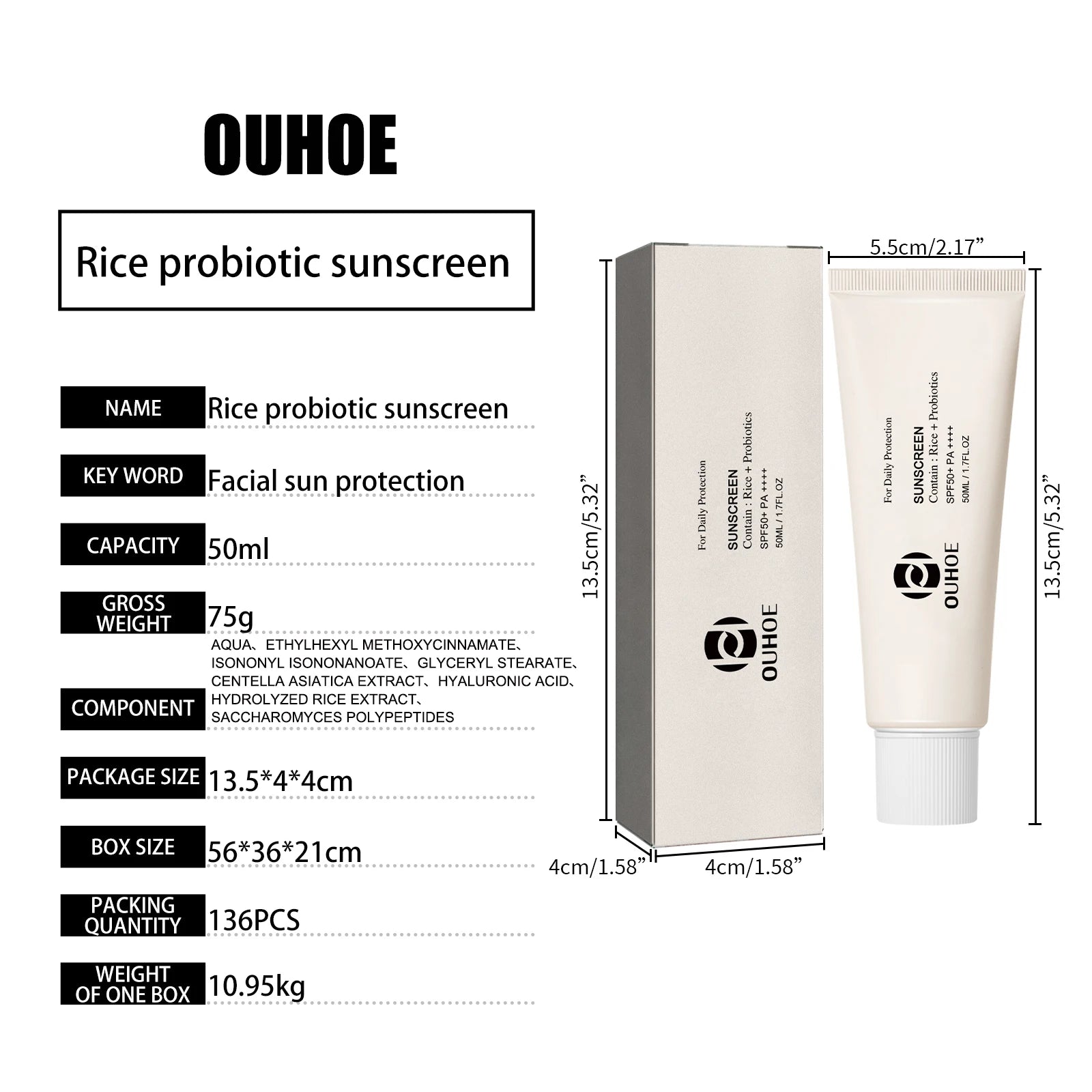 50ML Spf 50 Rice Sunscreen Cream Outdoor UV Protection Moisturizing Soothing Redness Sweatproof Prevent Sunburn Sunblock Lotion Halalzen
