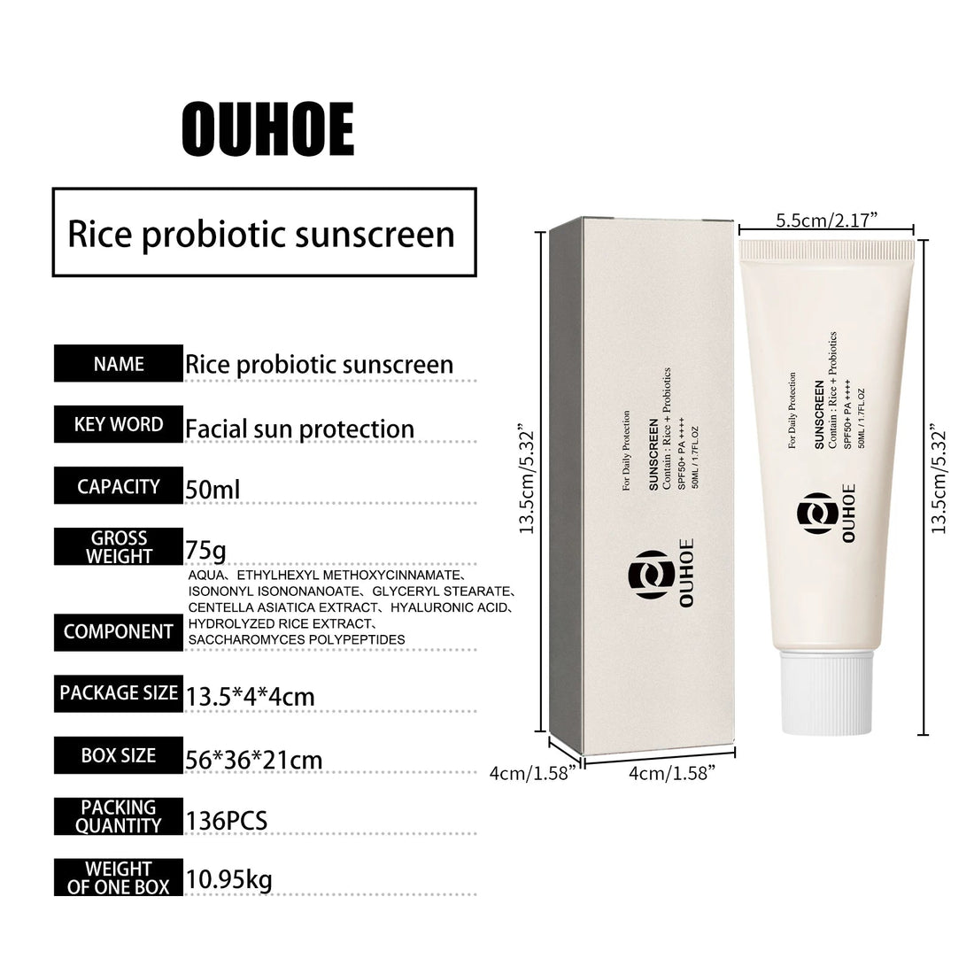 50ML Spf 50 Rice Sunscreen Cream Outdoor UV Protection Moisturizing Soothing Redness Sweatproof Prevent Sunburn Sunblock Lotion Halalzen