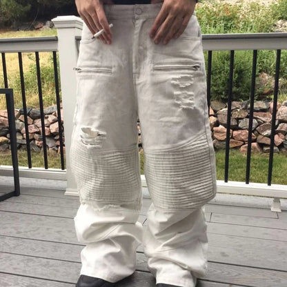 Y2K Retro Biker Denim Pants Zipper Pocket Distressed Holes Ruched Jeans New Trendy High Street Streetwear Unisex Baggy Trousers