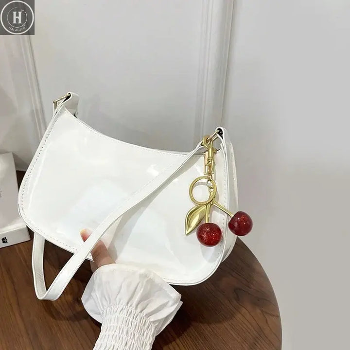 Solid Color PU Leather Women Shoulder Bags Fashion Ladies Cherry Pendant Handbags Purse Casual Design Female Hobos Underarm Bag HALALZEN