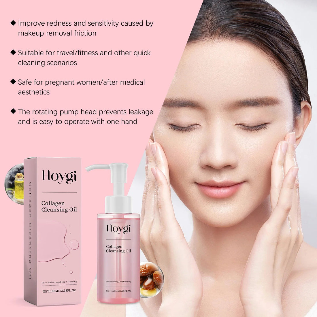 Hoygi 100ml Collagen Infused Makeup Remover Oil Jojoba Fast Emulsifying Gentle Cleansing for Waterproof Makeup Vegan No Residue Halalzen