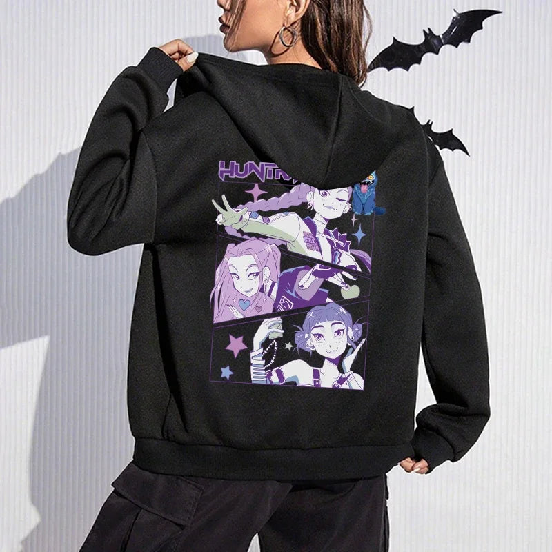 K-pop Anime Pattern Hoodies Women's Zip-up Jacket Autumn Winter Daily Casual Fashion Hooded Coat Demon Hunter Printed Sweatshirt
