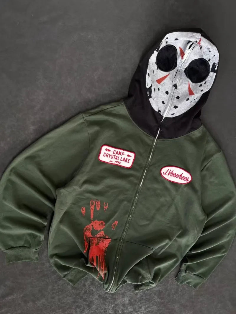 American Goth Harajuku full zipper mask pattern men hoodie Y2K high street palm dark green clothing fashion casual sportswear