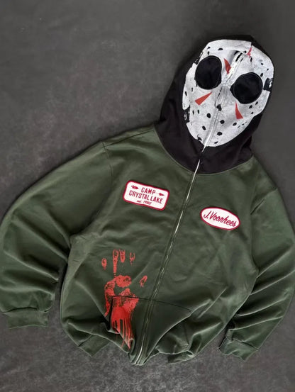 American Goth Harajuku full zipper mask pattern men hoodie Y2K high street palm dark green clothing fashion casual sportswear
