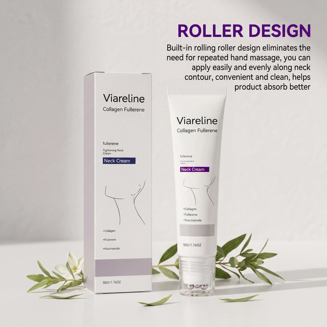 Collagen Fullerene Neck Cream Niacinamide Brightening Jawline Tighten Lift Firming Anti-Wrinkle Neck Care Moisturizing Cream with Rollers