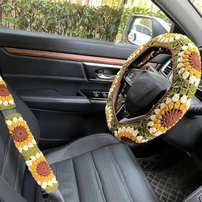 Universal Crochet Sunflower Car Steering Wheel Cover 35-38cm Anti-Slip Auto Handmade Wheel Cover With Seat Belt Cover Set