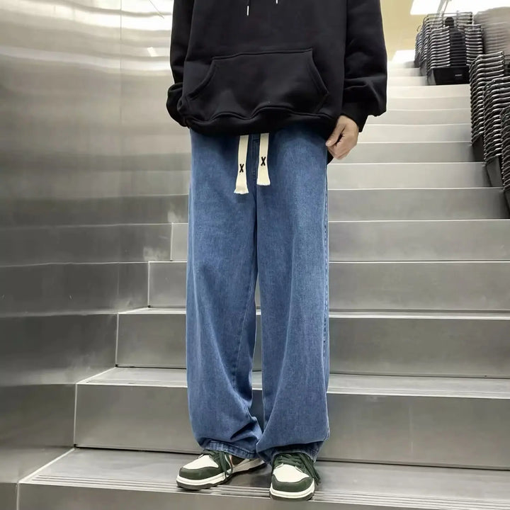 Men Fashion Korean Version Student Casual Jeans Men High Street Straight Leg Pants elastic waistband Vintage Wide Leg Trousers