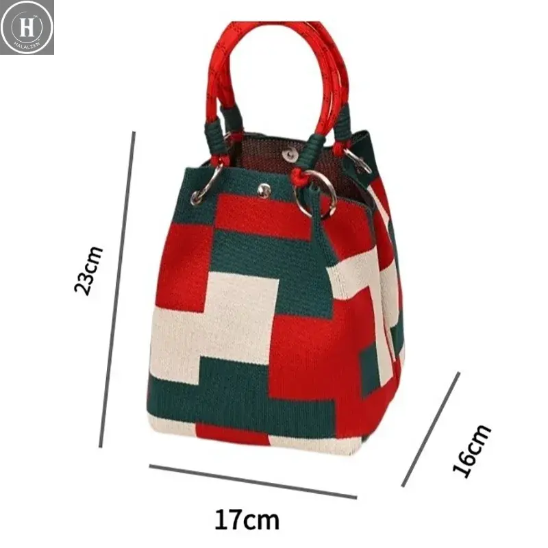 Metal Ring Handbag Fashionable Women'S Bucket Bag Knit Tote Bag Spacious Color Block Handbag For Leisure Travel Daily Commuting HALALZEN