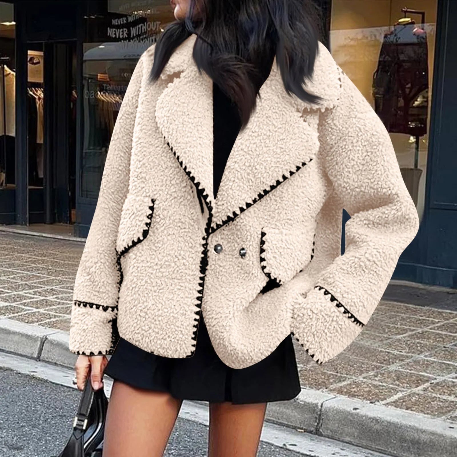 Autumn New Women's Coat Wear European And American Style Coat Casual Jackets One Piece Lamb Wool Contrast Color Plush Warm Jack