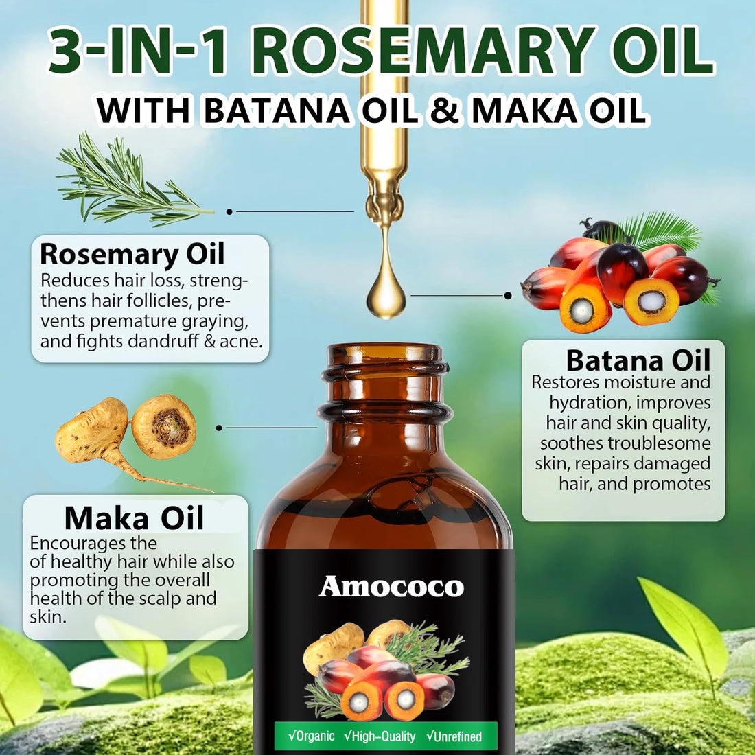 Amococo Batana Oil with Rosemary Hair Scalp Nourishing Oil Natural Hair Strengthening Serum for Dry Ends Frizz Control 60ml X 2 + 30ml X 1