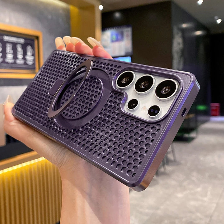 Manyetik Metal Katlanır Stand Isı Dağıtıcı Telefon Kılıfı Samsung S25 S24 S23 Ultra FE S22 Plus 5G Lüks Koruyucu Arka Kapak