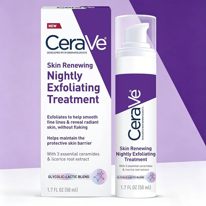 CeraVe Skin Renewing Nightly Exfoliating Treatment 50ml Glycolic Lactic Acid Serum with Ceramides for Radiant Smooth Skin Halalzen