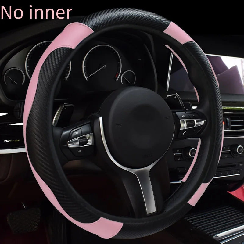 Carbon fiber pattern PU leather steering wheel cover with no inner ring design, full elasticity, anti slip and wear-resistant, m