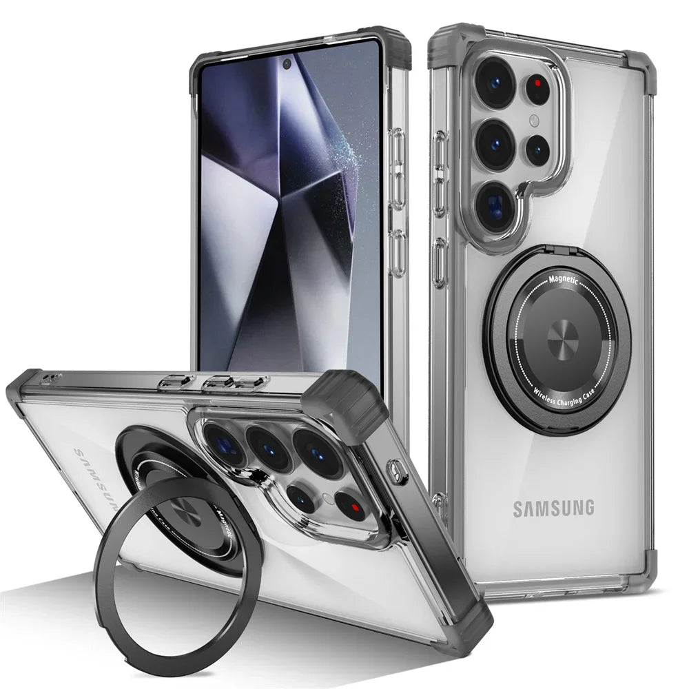 Rotating Magnetic Folding Stand Transparent Phone Case for Samsung S25 S24 S23 Plus FE Note 20 S21 Ultra Armor Shockproof Cover