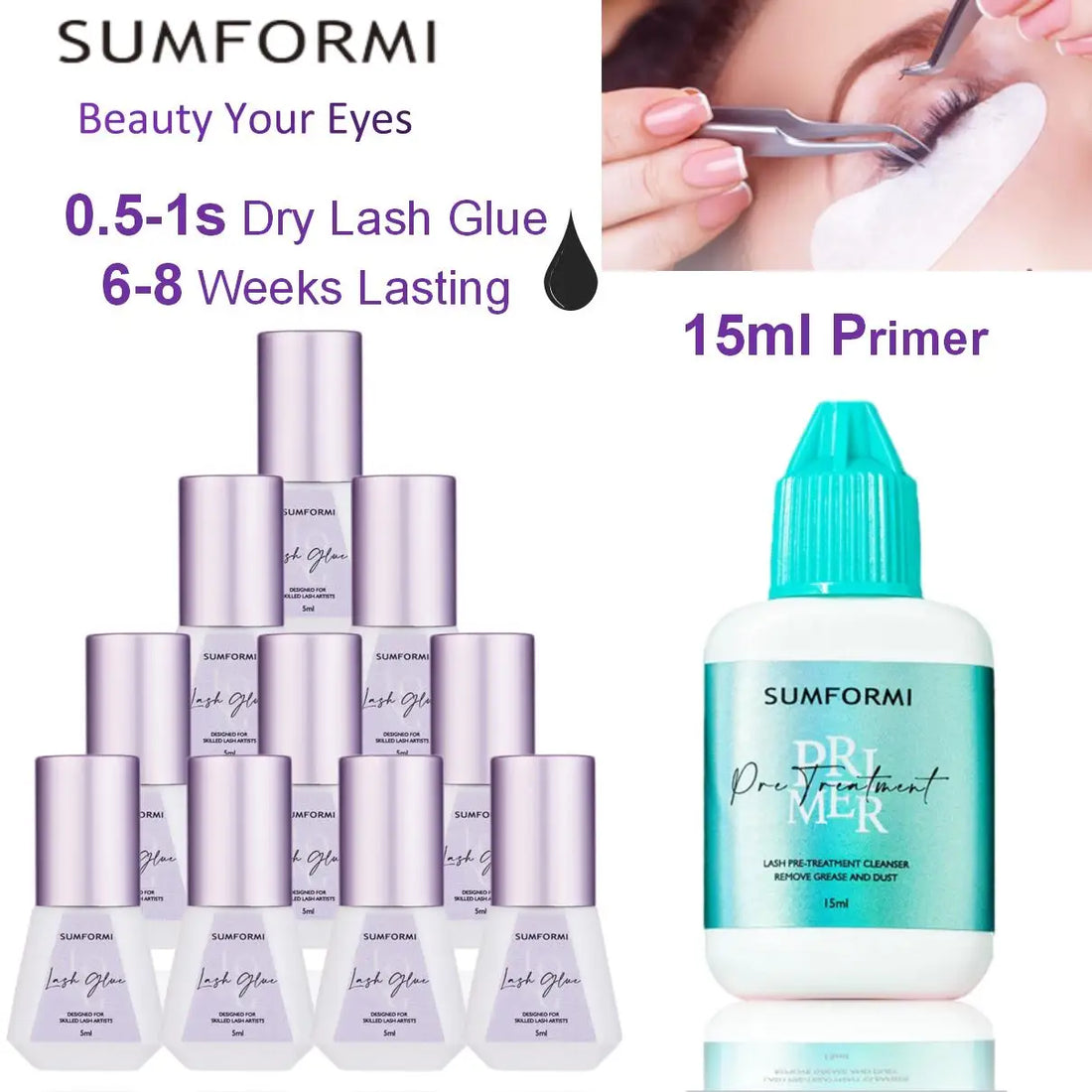 SUMFORMI 10PCS False Eyelash Extensions Glue 0.3S Fast Dry Waterproof Thin Lash Eyelashes Adhesive Bonder Wholesale Makeup Tools