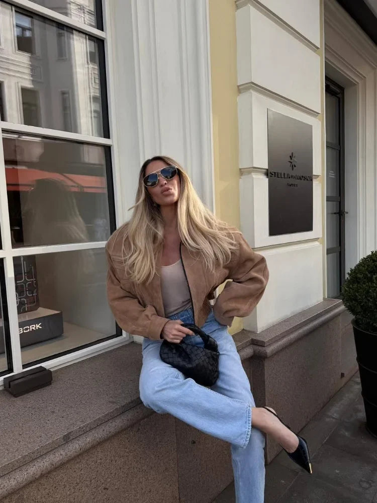 Full Sleeve Zipper Cropped Suede Jacket Women Casual Lapel Pocket Loose Thin Coat 2025 Autumn Lady Highstreet Commute Outwear