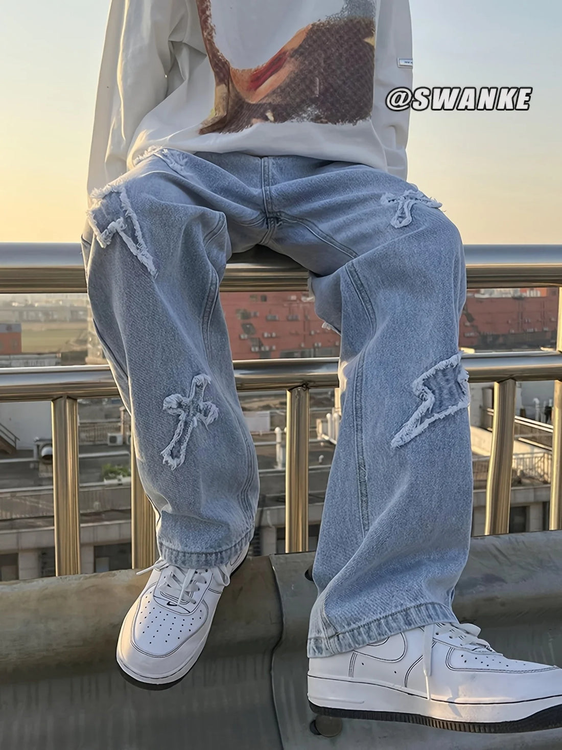 Men's jeans patch lightning jeans men's loose jeans worn-out jeans