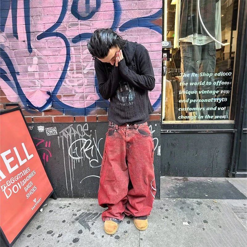 Y2K Casual Loose Jeans Vintage Letter Print Rivet Waist Belt Design Red High Waist Wide Leg Jeans Men Women Hip Hop Streetwear