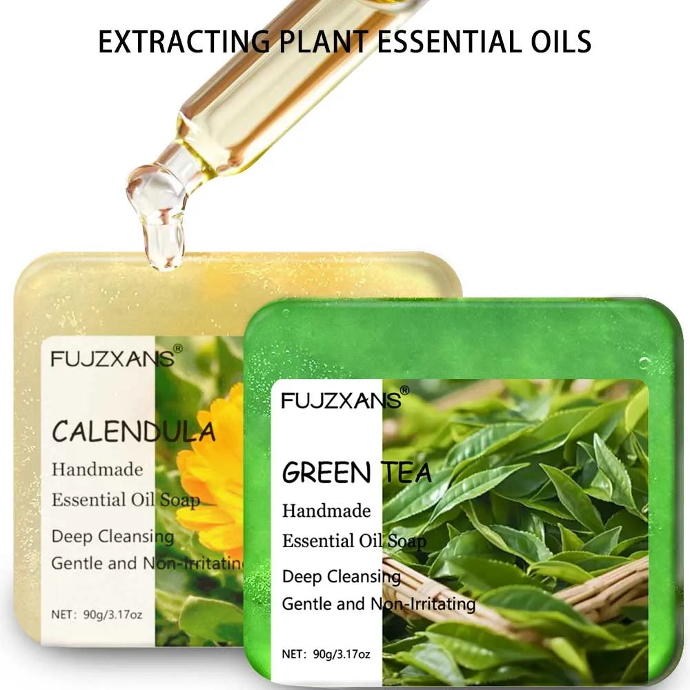 90g FUJZXANS Handmade Essential Oil Soap Bars - Rose, Jasmine, Green Tea, Calendula, Osmanthus, Lavender, Lemon - 7 Long-Lasting Halalzen