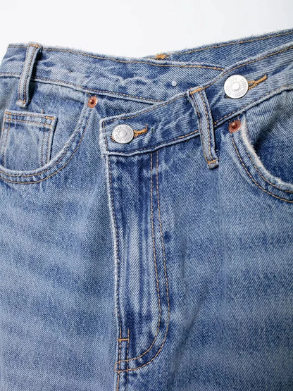 Women's Basic Hundred Jeans New Fashion Asymmetric Design High Waist Wide Leg Trousers Casual Women's Straight Leg Jeans