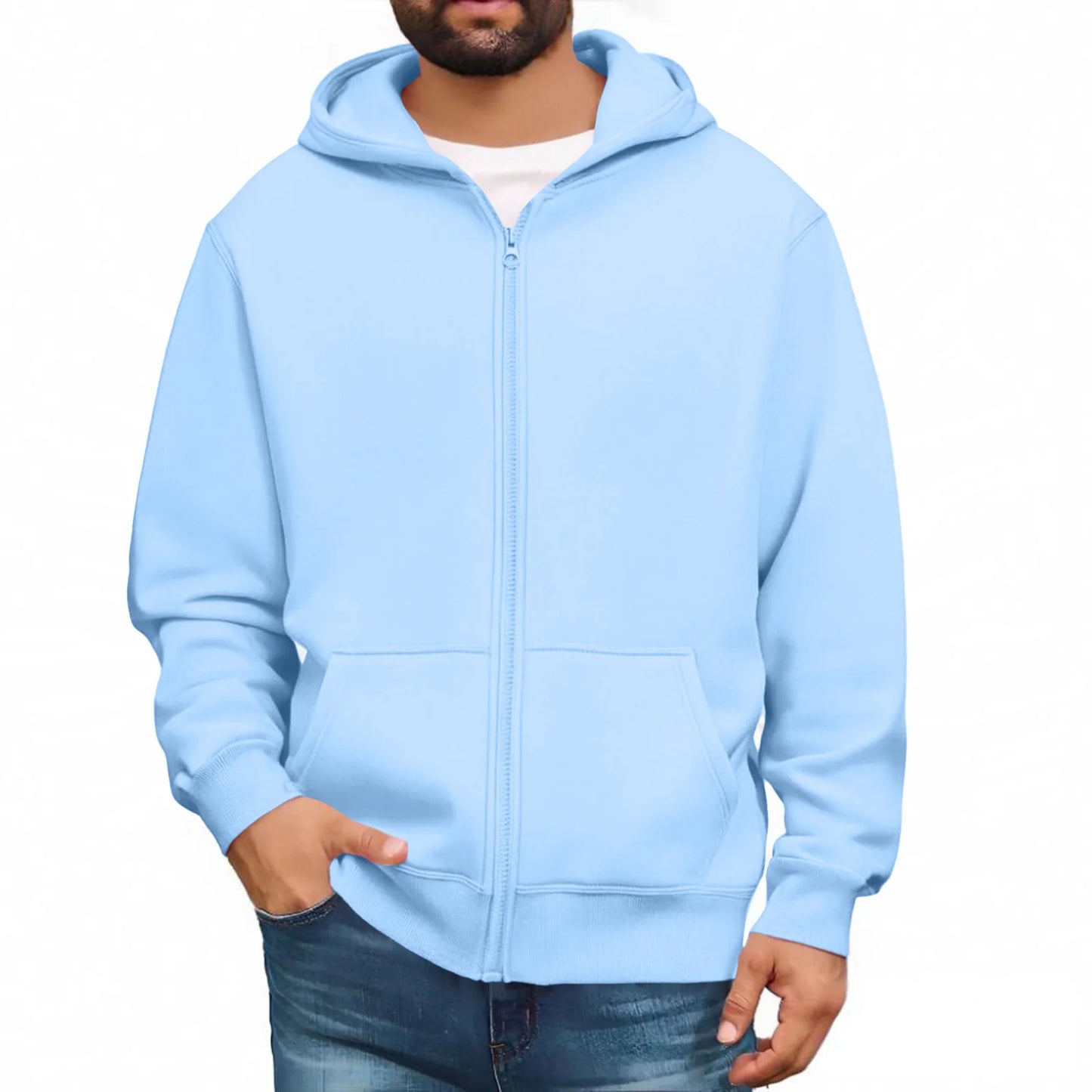 Men zip up hoodie plain color casual streetwear pullover jacket soft cozy fashionable urban youth winter hooded sweatshirt