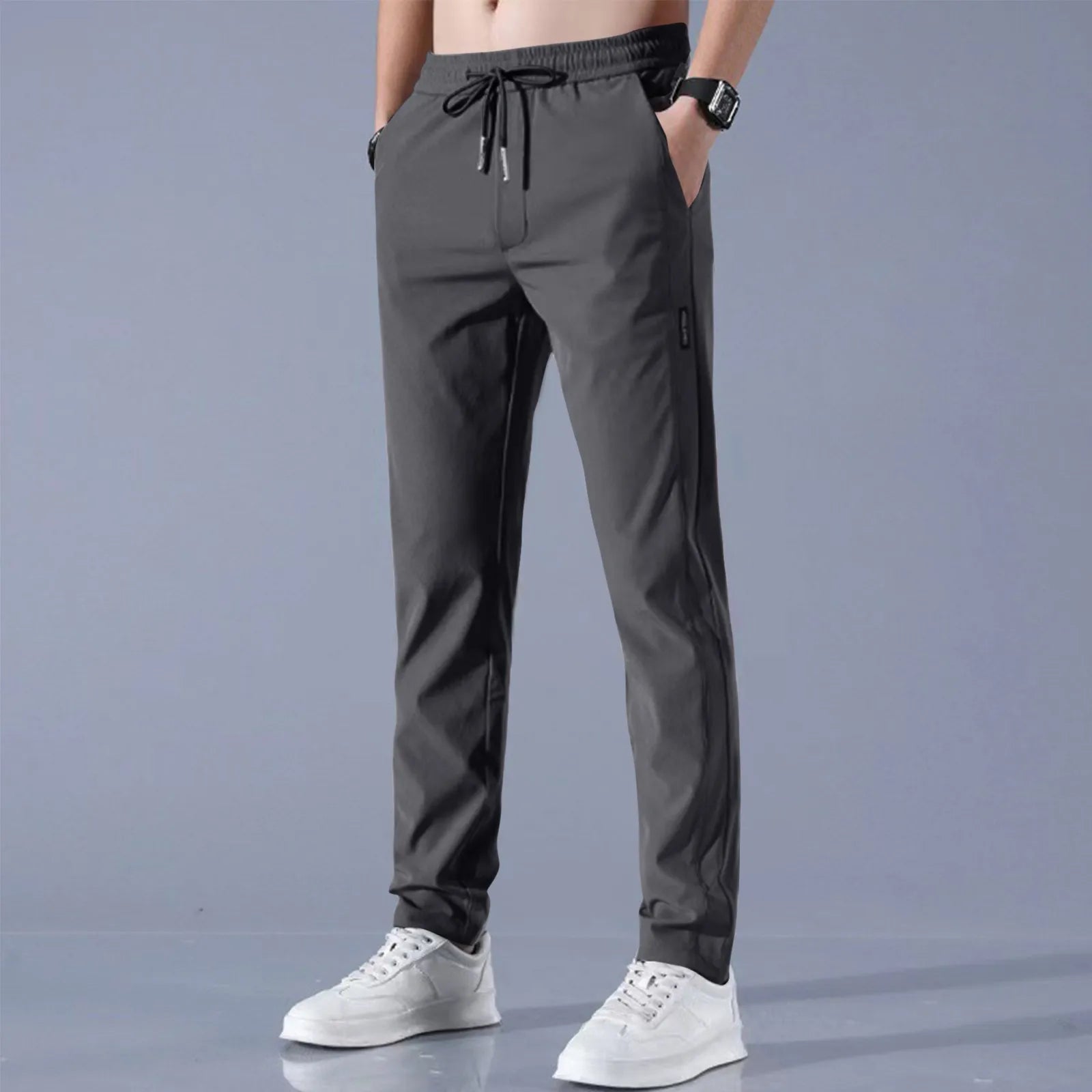 Men Fast Dry Stretch Pants Ice Silk Trousers Solid Color Mid-Waist Loose Breathable Straight-Leg Casual Pants Thin Sports Pants