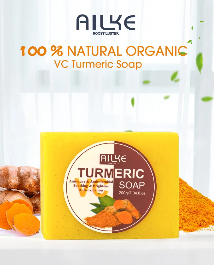 AILKE Natural Turmeric Soap for Face & Body, Whitening, Clean Stains, Even Skin Tone, Remove Acne, Age Spot, Black Spot, 200g Halalzen