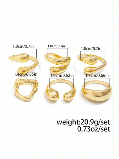 6pcs/Set Vintage Minimalist Alloy Molten Lava Teardrop Design Open Rings, Asymmetrical Fashionable Thick Metal Gold Tone Ring Se