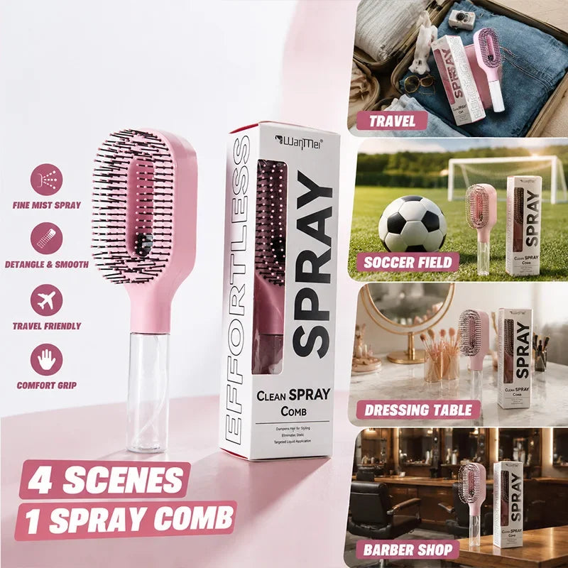 2 in 1 Built-in Spray Detangling Hair Brush Anti Static Reduce Frizz Even Mist Moisturizing Massage Comb Travel Styling Tool