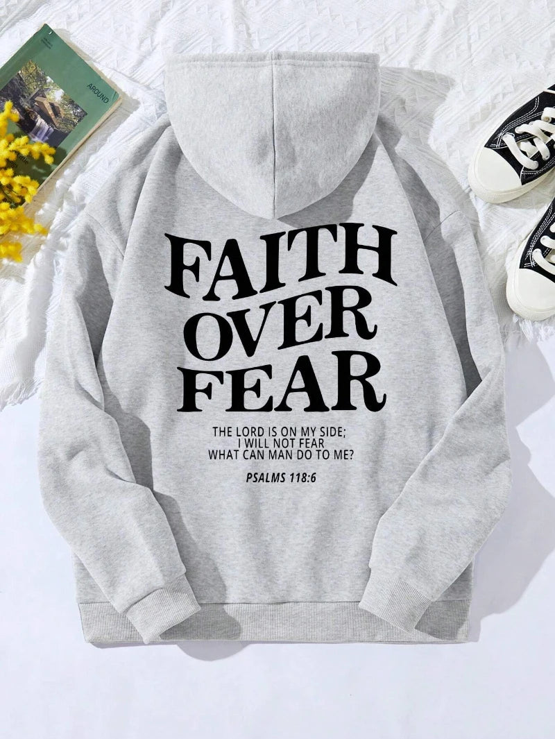 Casual Women's Hoodies Faith Over Fear Letter Printing Sweatshirts Fleece Warm Comfortable Pocket Pullovers Autumn Streetwear
